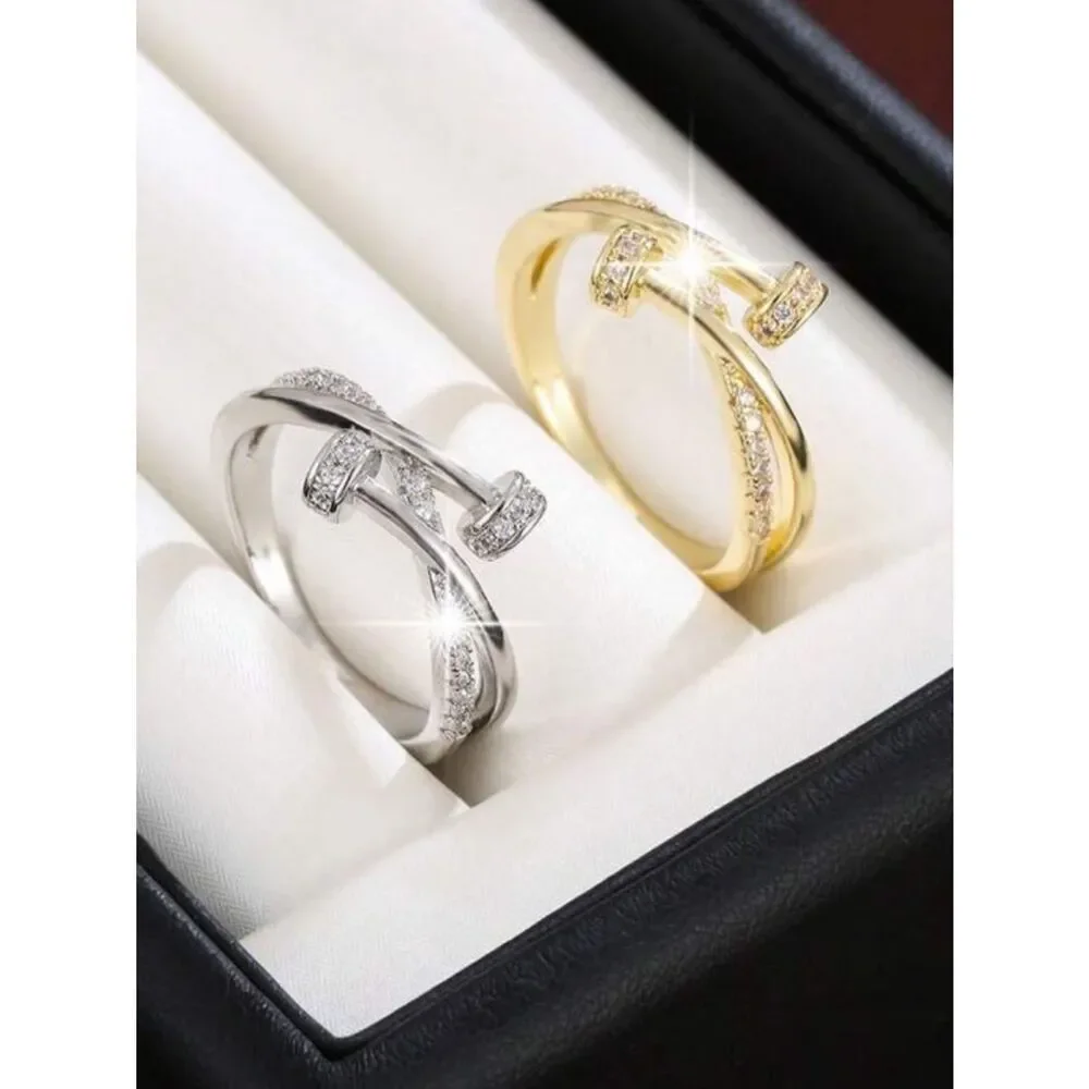 Gold Crystal Nail-Accent Ring - Women's Fashion Jewelry R 412